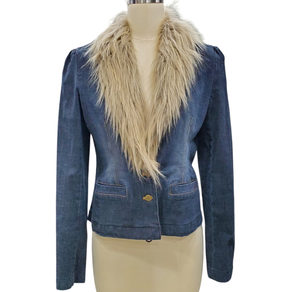 Y2K faux fur collar jean jacket women's medium fitted stretch vintage